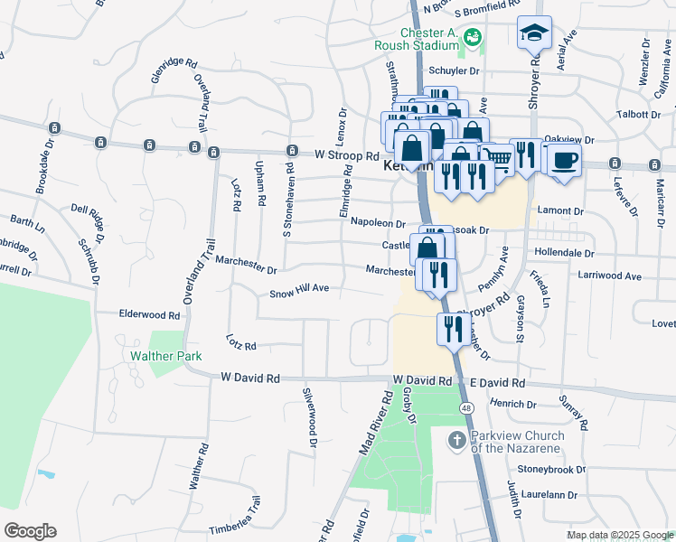 map of restaurants, bars, coffee shops, grocery stores, and more near 202 Marchester Drive in Dayton