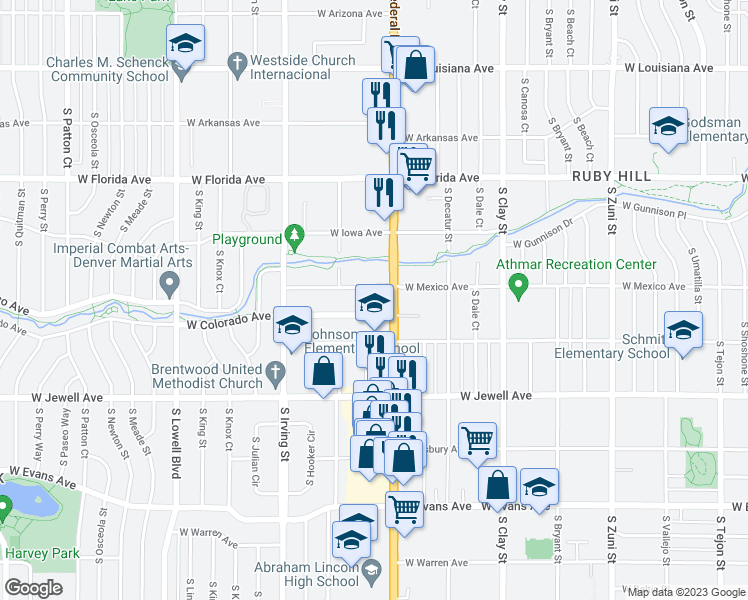 map of restaurants, bars, coffee shops, grocery stores, and more near 1725 South Federal Boulevard in Denver