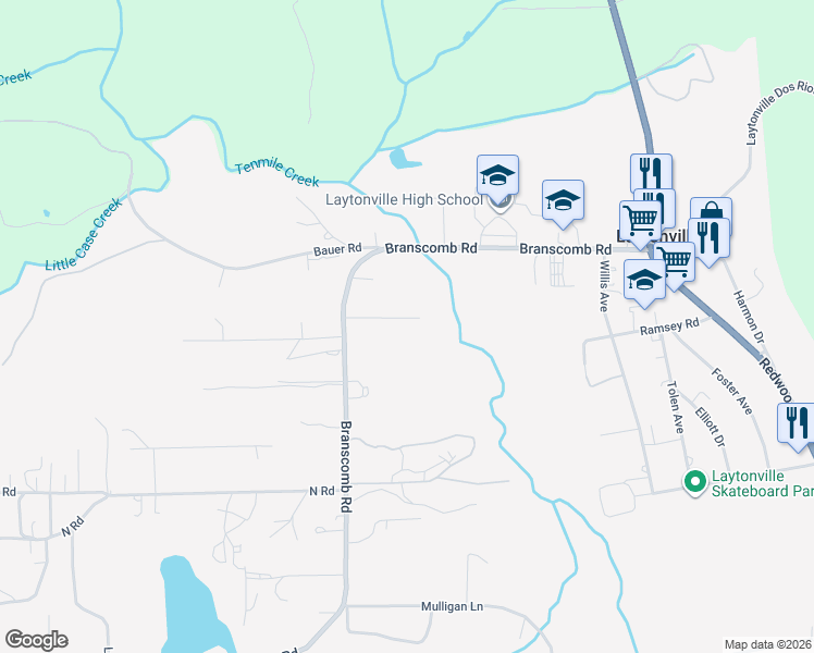 map of restaurants, bars, coffee shops, grocery stores, and more near Bragdon Road in Laytonville