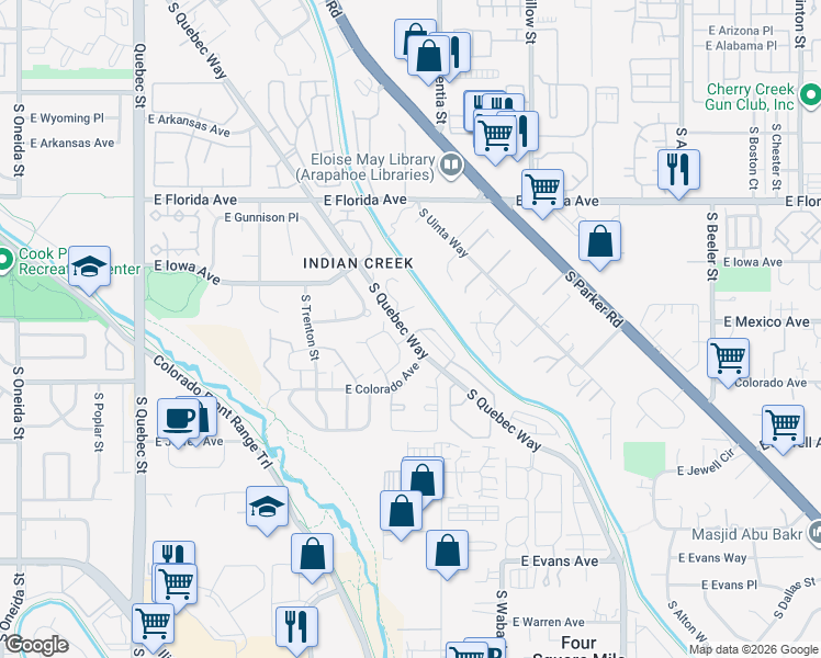 map of restaurants, bars, coffee shops, grocery stores, and more near 1771 South Quebec Way in Denver