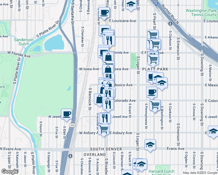 map of restaurants, bars, coffee shops, grocery stores, and more near 1711 South Lincoln Street in Denver