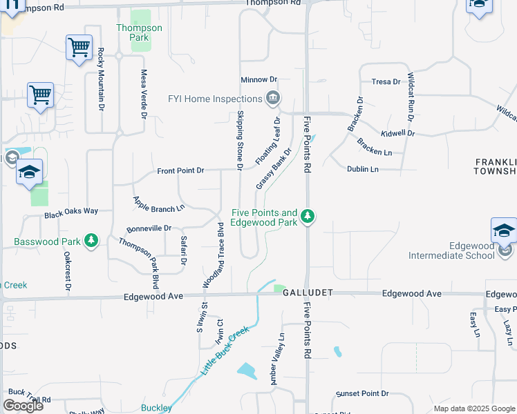 map of restaurants, bars, coffee shops, grocery stores, and more near 5661 Grassy Bank Drive in Indianapolis