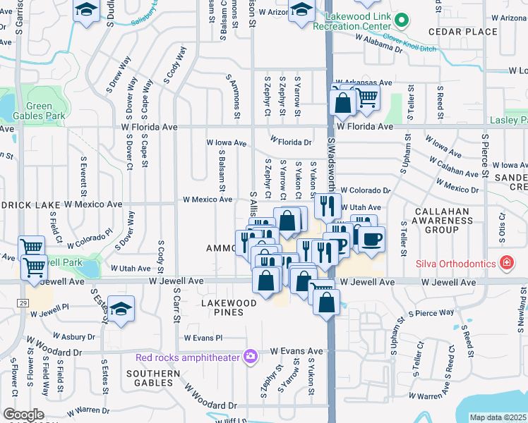 map of restaurants, bars, coffee shops, grocery stores, and more near 1710 South Allison Street in Denver