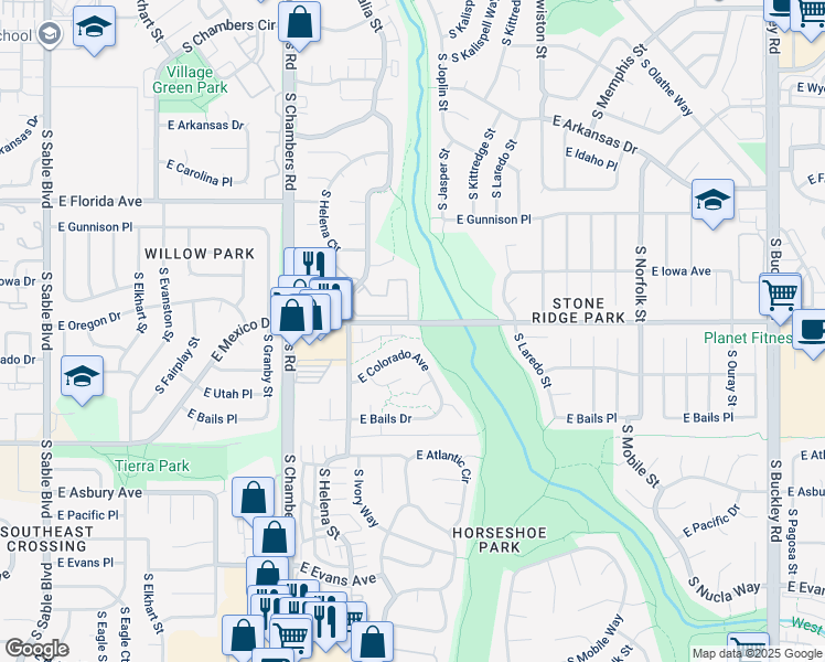 map of restaurants, bars, coffee shops, grocery stores, and more near 15690 East Mexico Avenue in Aurora