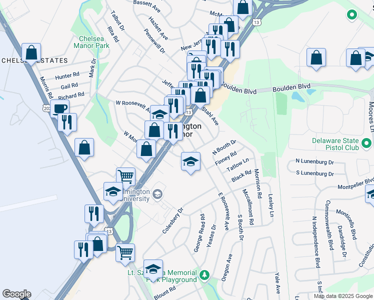 map of restaurants, bars, coffee shops, grocery stores, and more near 114 East Roosevelt Avenue in Wilmington Manor