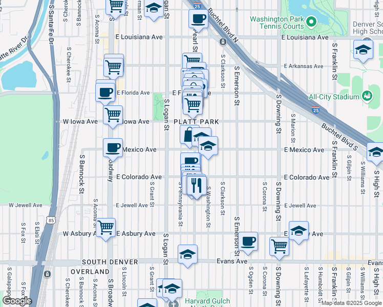 map of restaurants, bars, coffee shops, grocery stores, and more near 1711 S Pearl St in Denver