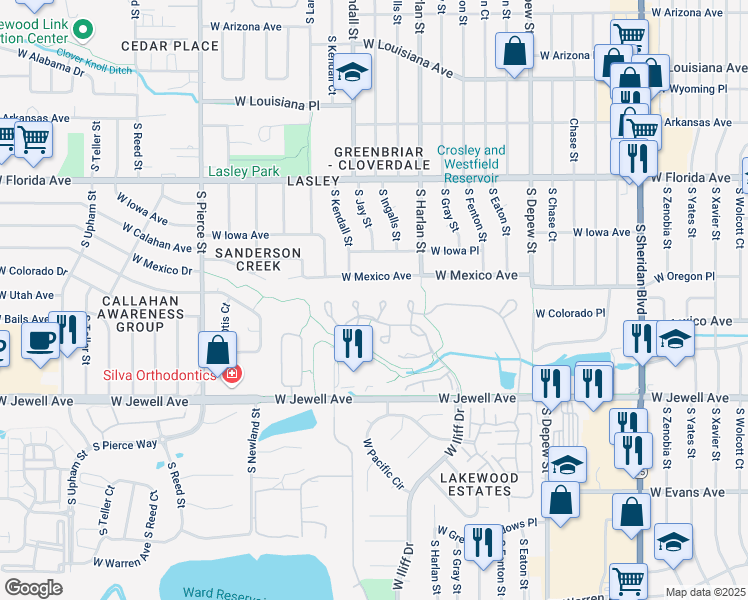 map of restaurants, bars, coffee shops, grocery stores, and more near 1825 South Jay Way in Lakewood