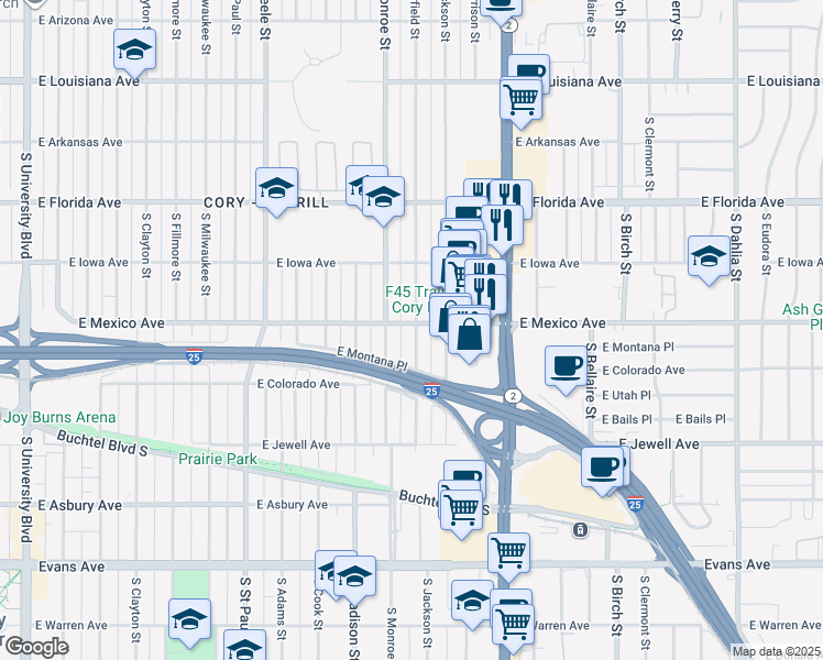map of restaurants, bars, coffee shops, grocery stores, and more near 1701 South Garfield Street in Denver