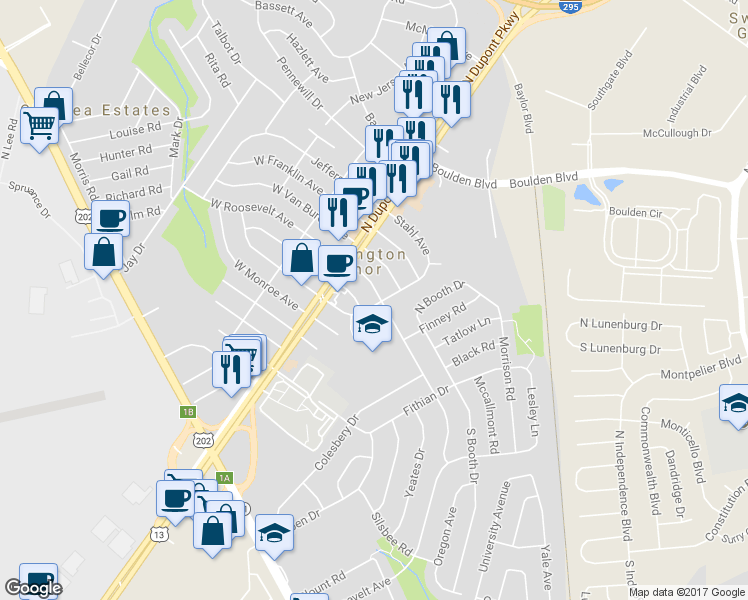 map of restaurants, bars, coffee shops, grocery stores, and more near 114 East Roosevelt Avenue in Wilmington Manor