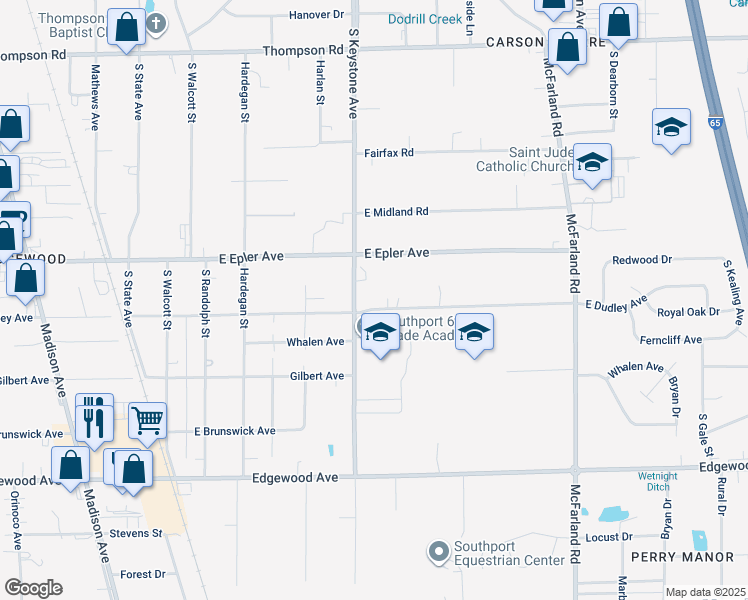 map of restaurants, bars, coffee shops, grocery stores, and more near 2414 East Dudley Avenue in Indianapolis