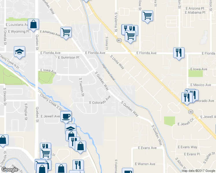 map of restaurants, bars, coffee shops, grocery stores, and more near 1771 South Quebec Way in Denver