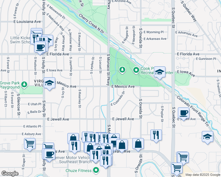 map of restaurants, bars, coffee shops, grocery stores, and more near in Denver