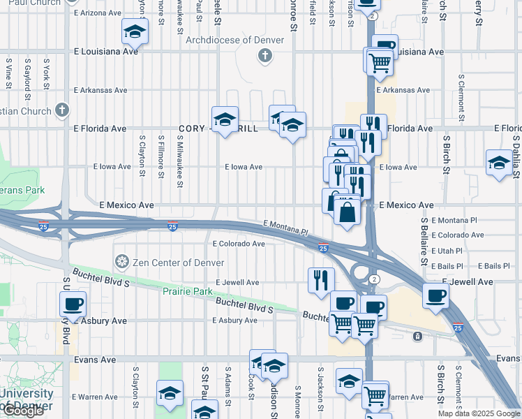 map of restaurants, bars, coffee shops, grocery stores, and more near 3410 East Mexico Avenue in Denver