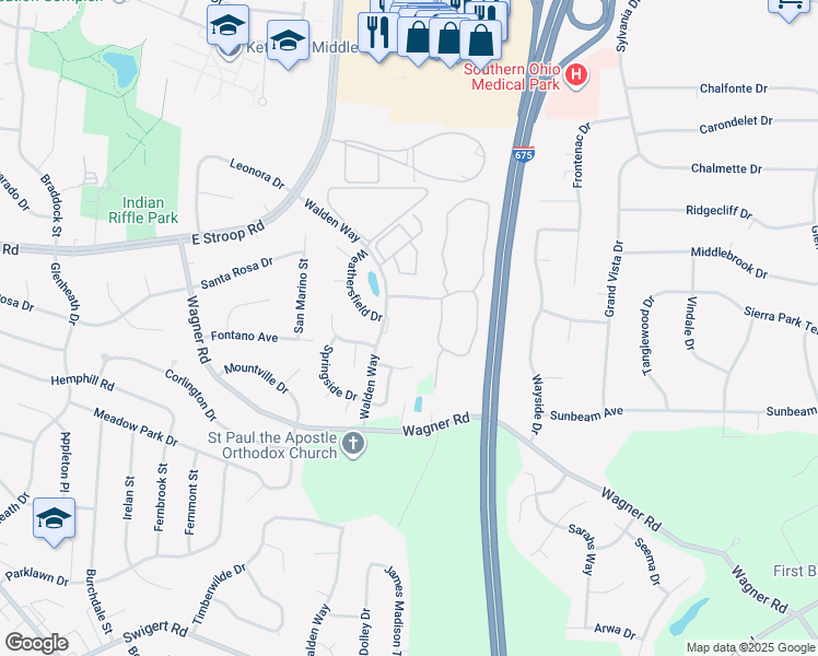 map of restaurants, bars, coffee shops, grocery stores, and more near 312 Walden Way in Greene County