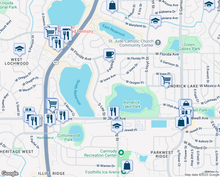 map of restaurants, bars, coffee shops, grocery stores, and more near 1656 South Kline Court in Lakewood