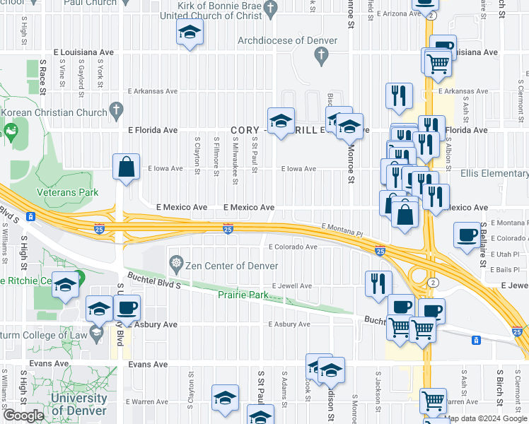map of restaurants, bars, coffee shops, grocery stores, and more near 3100 East Mexico Avenue in Denver