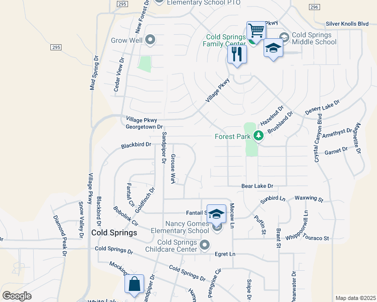 map of restaurants, bars, coffee shops, grocery stores, and more near 17640 Blackbird Dr in Reno