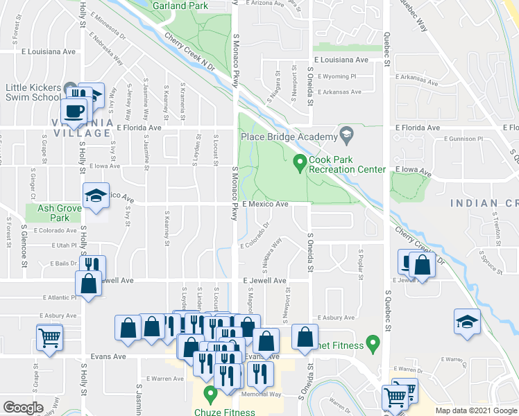 map of restaurants, bars, coffee shops, grocery stores, and more near 1702 South Magnolia Street in Denver