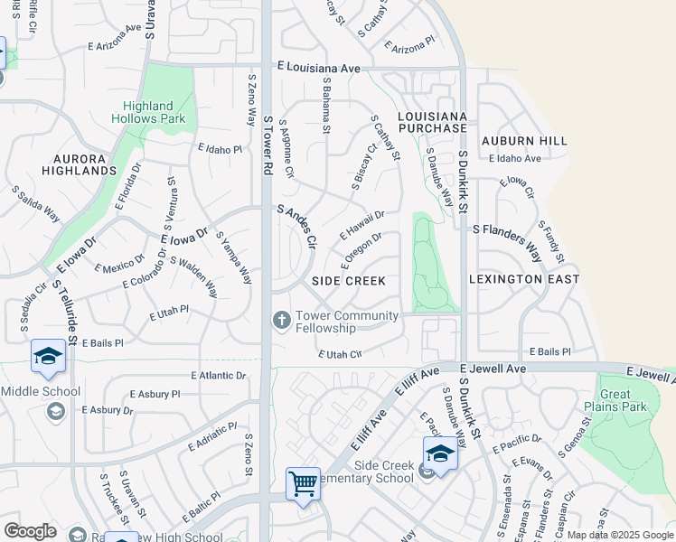 map of restaurants, bars, coffee shops, grocery stores, and more near 18779 East Oregon Drive in Aurora