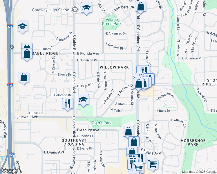 map of restaurants, bars, coffee shops, grocery stores, and more near 1652 South Evanston Street in Aurora