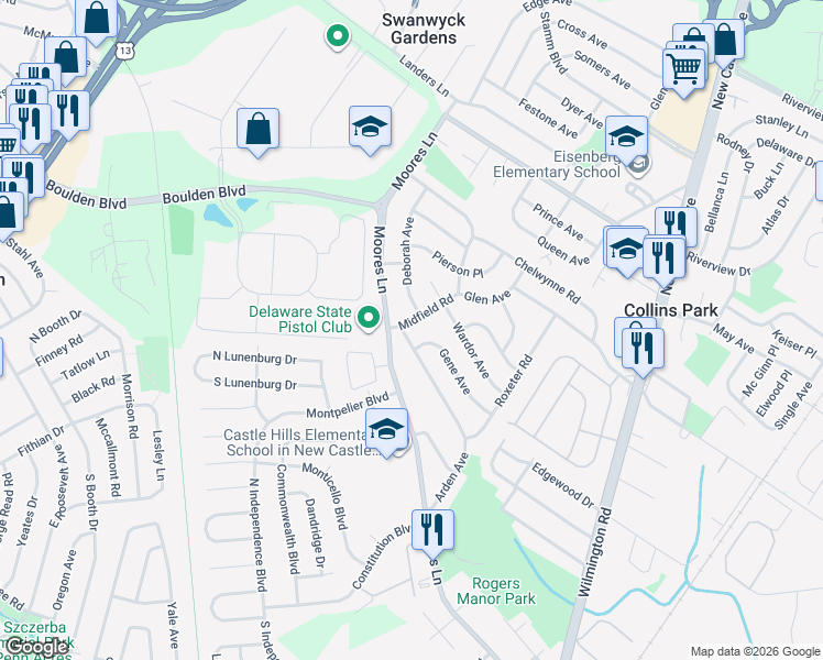 map of restaurants, bars, coffee shops, grocery stores, and more near 1 Midfield Road in New Castle