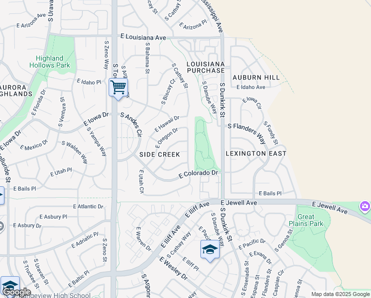 map of restaurants, bars, coffee shops, grocery stores, and more near 1725 South Cathay Street in Aurora