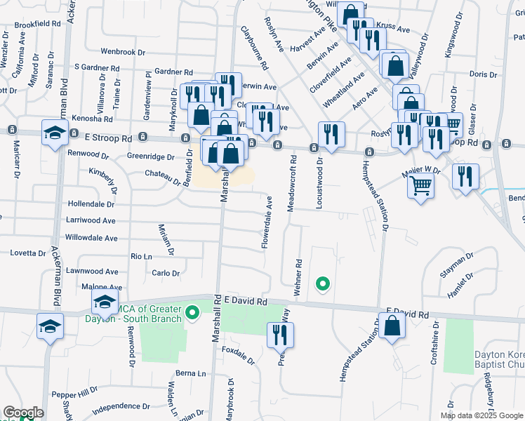 map of restaurants, bars, coffee shops, grocery stores, and more near 1341 Rose Bower Avenue in Dayton