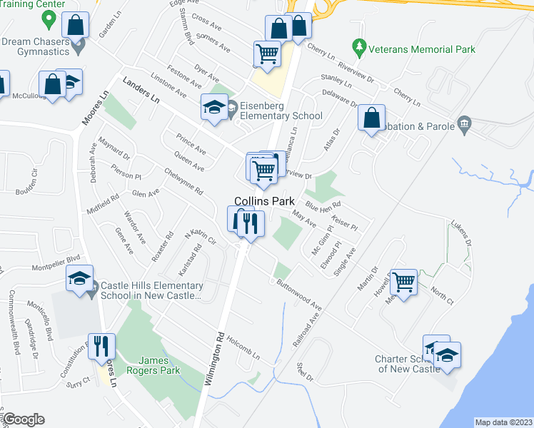 map of restaurants, bars, coffee shops, grocery stores, and more near 303 Frazer Place in New Castle