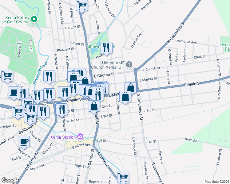 map of restaurants, bars, coffee shops, grocery stores, and more near 168 East Main Street in Xenia