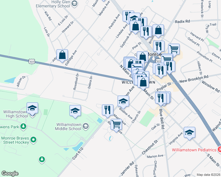 map of restaurants, bars, coffee shops, grocery stores, and more near 143 Curtis Avenue in Monroe