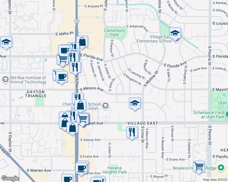 map of restaurants, bars, coffee shops, grocery stores, and more near 1685 South Kenton Way in Aurora