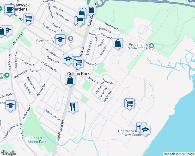 map of restaurants, bars, coffee shops, grocery stores, and more near 112 Blue Hen Road in New Castle
