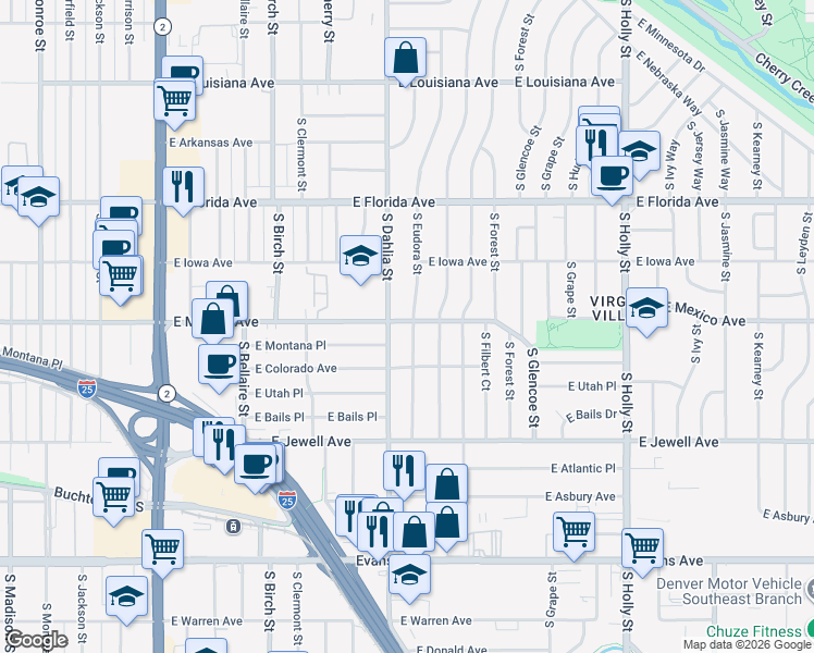 map of restaurants, bars, coffee shops, grocery stores, and more near 1701 South Eudora Street in Denver
