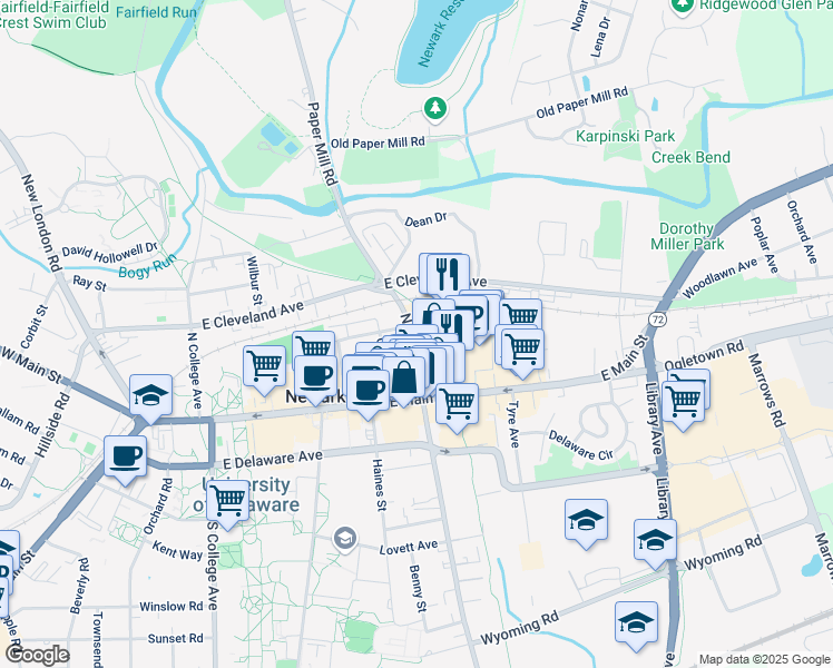 map of restaurants, bars, coffee shops, grocery stores, and more near 52 North Chapel Street in Newark
