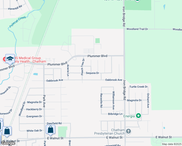 map of restaurants, bars, coffee shops, grocery stores, and more near Sequoia Drive in Chatham