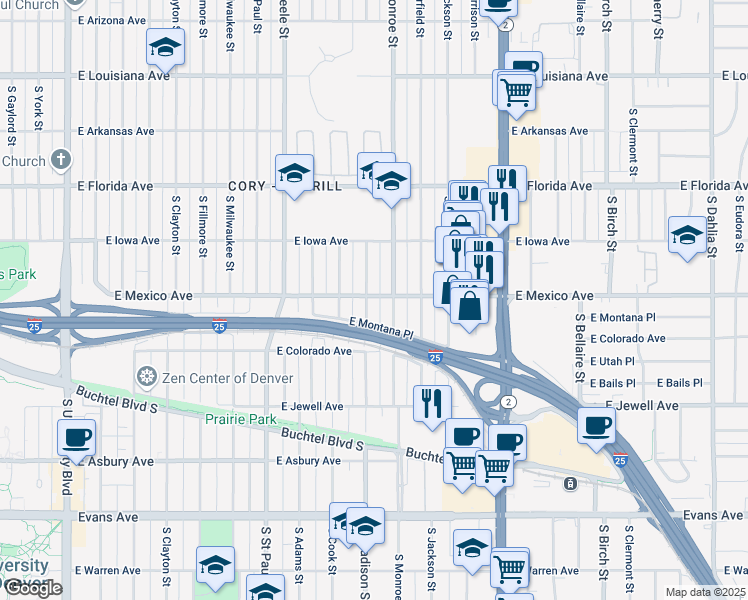 map of restaurants, bars, coffee shops, grocery stores, and more near 1700 South Madison Street in Denver