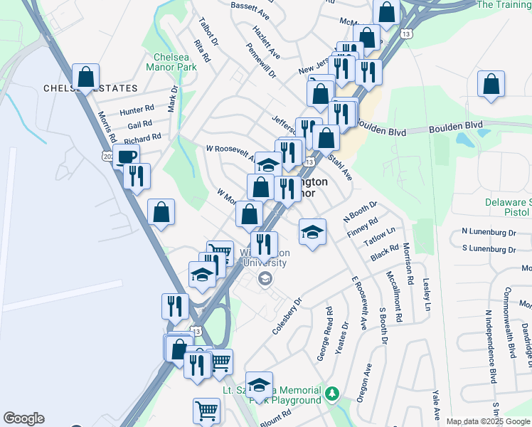 map of restaurants, bars, coffee shops, grocery stores, and more near 601 North Dupont Highway in Wilmington Manor