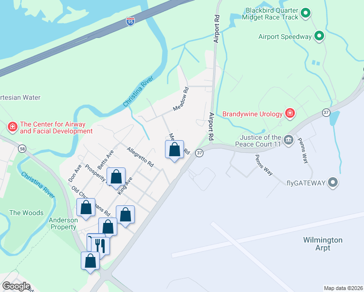 map of restaurants, bars, coffee shops, grocery stores, and more near 10 Meadow Road in New Castle