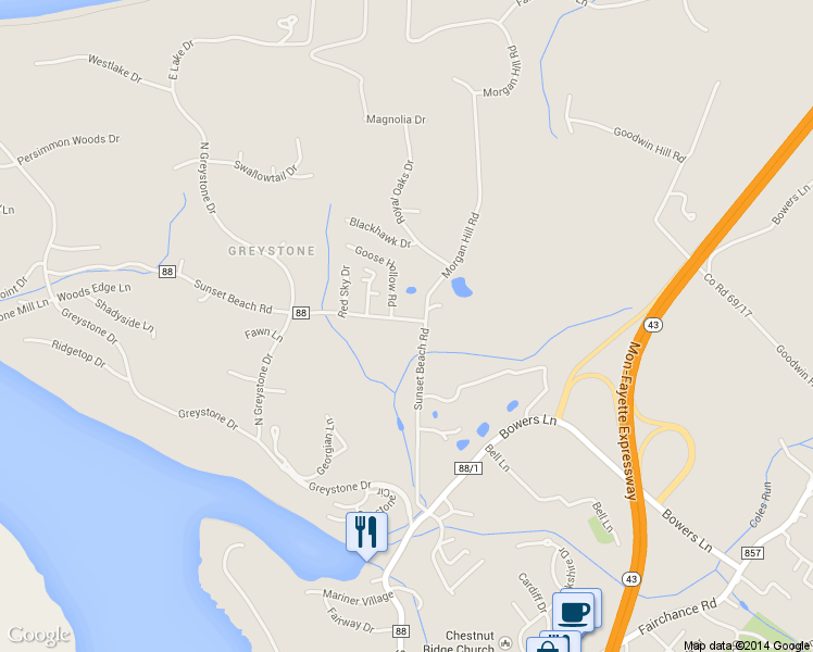 map of restaurants, bars, coffee shops, grocery stores, and more near 423 Sunset Beach Road in Morgantown