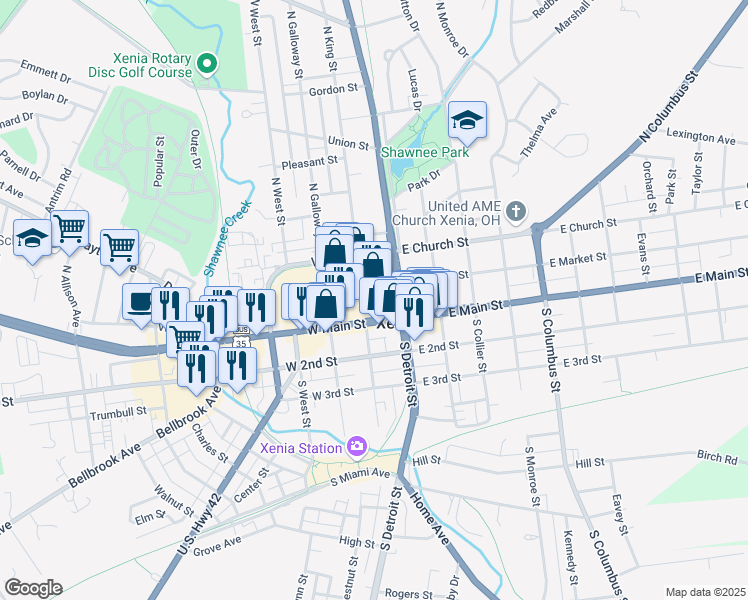 map of restaurants, bars, coffee shops, grocery stores, and more near 76 Xenia Towne Square in Xenia