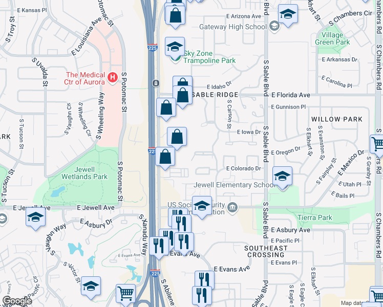 map of restaurants, bars, coffee shops, grocery stores, and more near 1701A East Blackhawk Way in Aurora