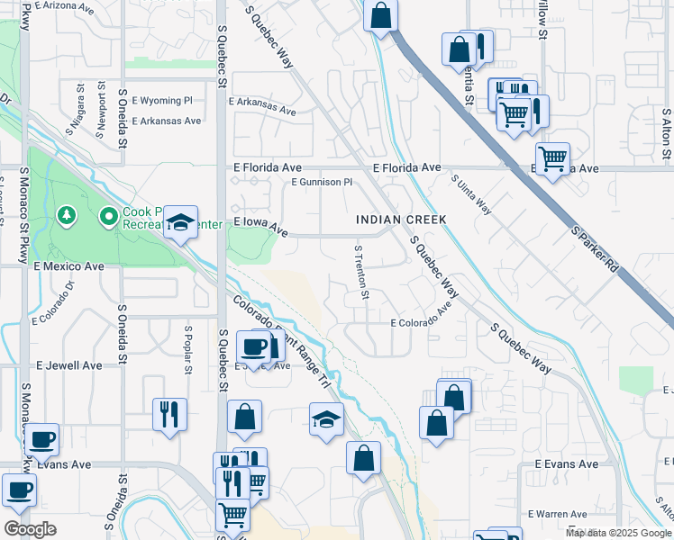 map of restaurants, bars, coffee shops, grocery stores, and more near 1675 South Syracuse Street in Denver