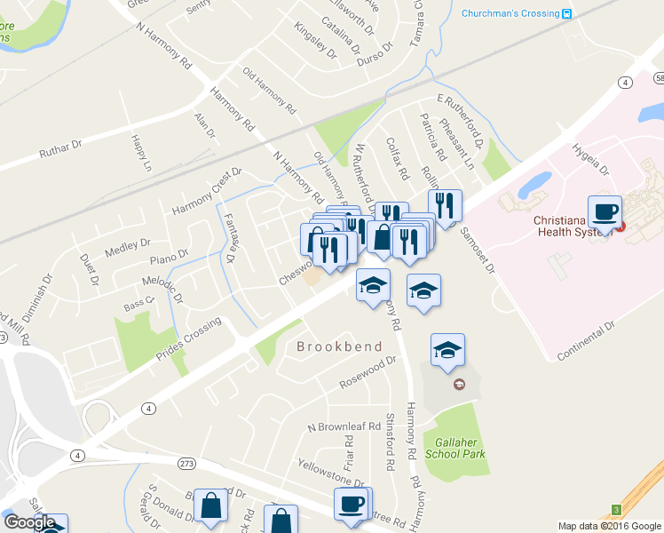 map of restaurants, bars, coffee shops, grocery stores, and more near 4136 Ogletown Stanton Rd in Newark