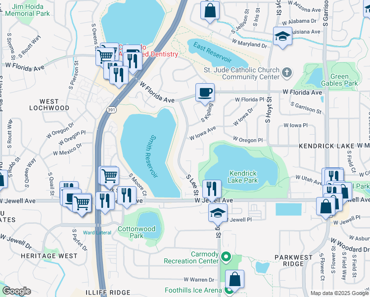 map of restaurants, bars, coffee shops, grocery stores, and more near 1638 South Lee Street in Lakewood