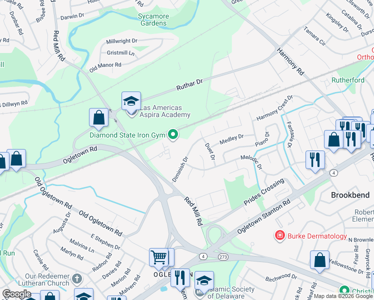 map of restaurants, bars, coffee shops, grocery stores, and more near 127 Diminish Drive in Newark