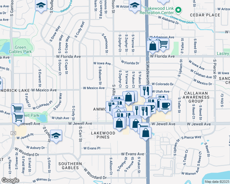 map of restaurants, bars, coffee shops, grocery stores, and more near 1710 South Allison Street in Denver