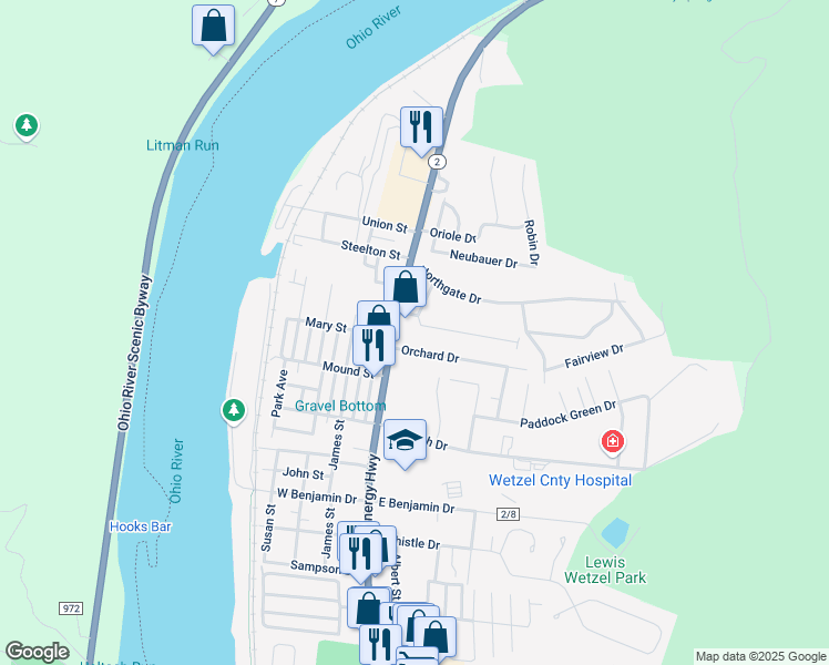 map of restaurants, bars, coffee shops, grocery stores, and more near 11 Ross St in New Martinsville