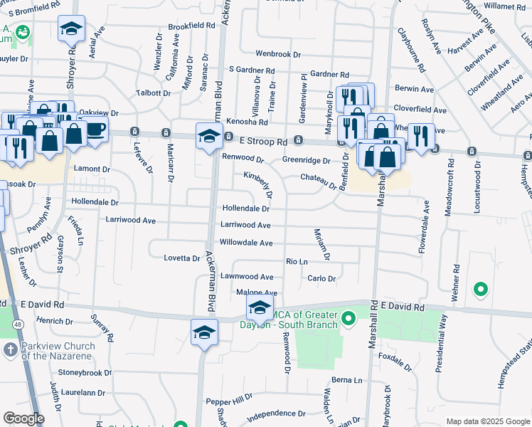 map of restaurants, bars, coffee shops, grocery stores, and more near 944 Hollendale Dr in Dayton