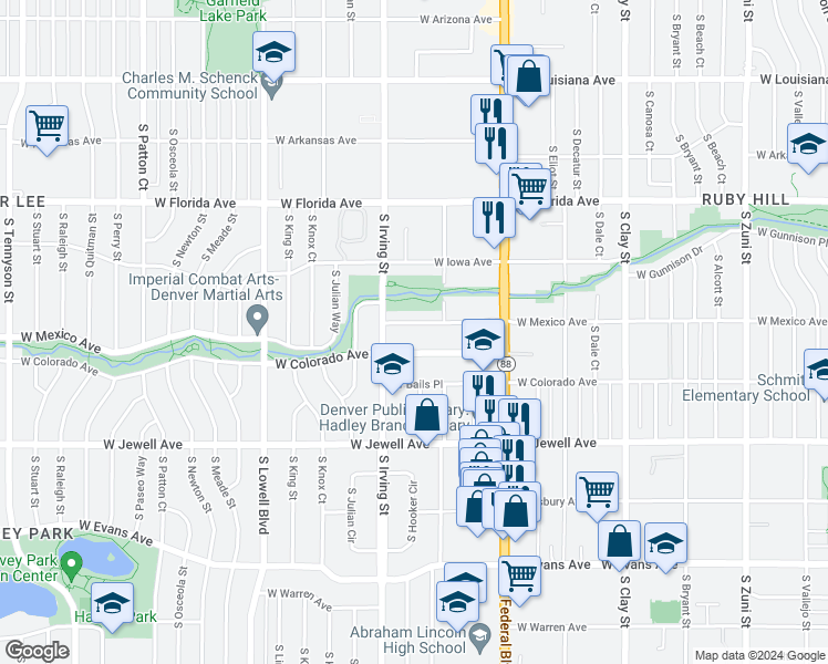 map of restaurants, bars, coffee shops, grocery stores, and more near 3200 West Mexico Avenue in Denver