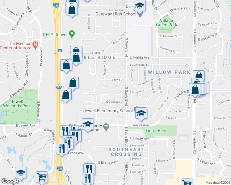 map of restaurants, bars, coffee shops, grocery stores, and more near 14235 East Montana Circle in Aurora